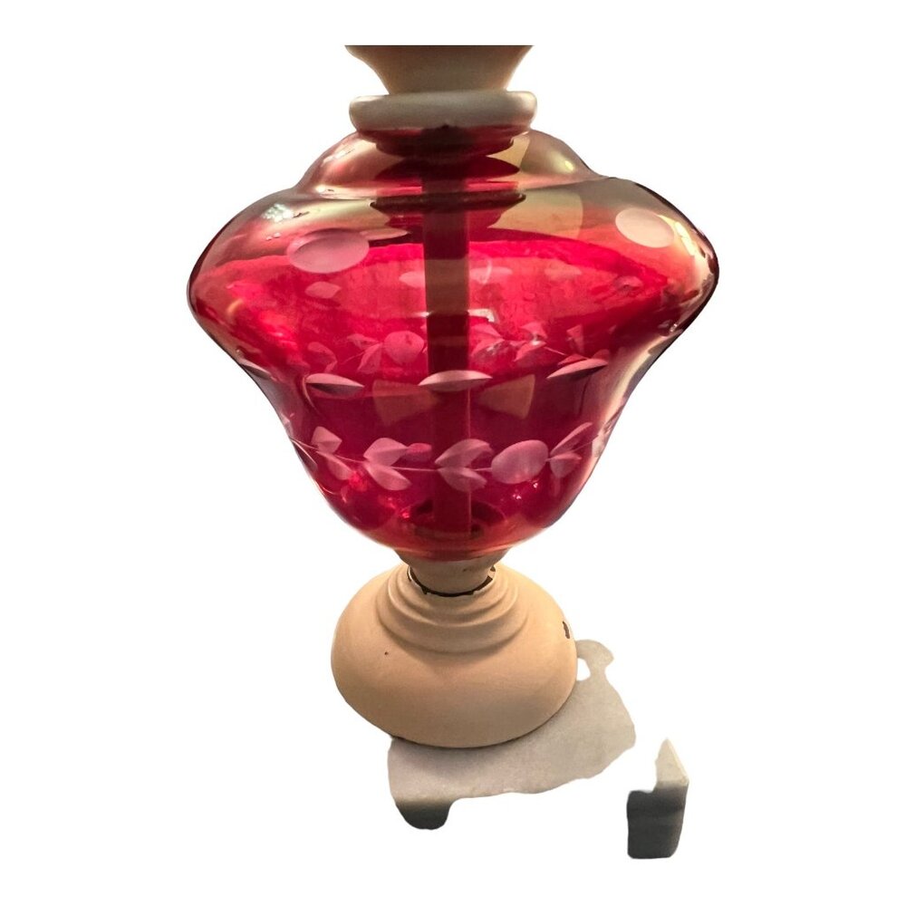 Vintage Red Glass Accent Table Lamp With White Floral Etching & Marble Base 9" T - Picture 4 of 11